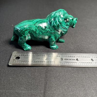 Carved Malachite Lion Figurine – Polished Green Stone Sculpture, Approx. 4.5”