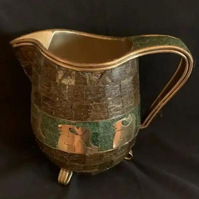 Rare Salvador Terán Mexican Modernist Brass & Onyx Mosaic Pitcher, c. 1950s–60s