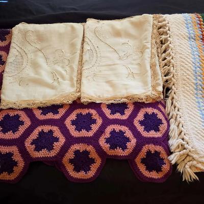 Vintage Linen Pillow Shams with Lace Cutwork, Knitted & Crocheted Throws