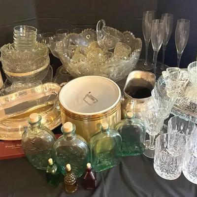 Crystal and Silver Serving Pieces with Glassware Collection