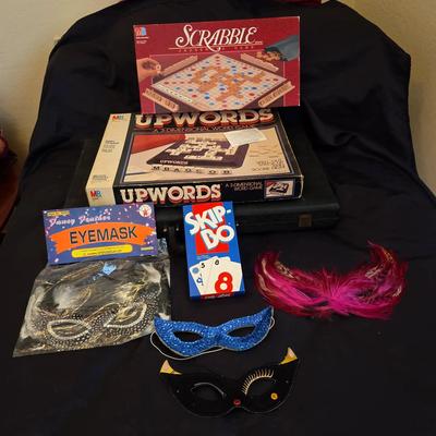 Vintage Board & Card Games with Costume Masks, featuring Scrabble, Upwords & Backgammon
