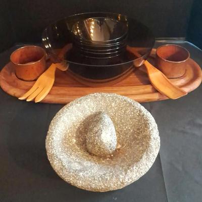 Dansk Wooden Salad Serving Set with Bowls & Stone Mortar and Pestle