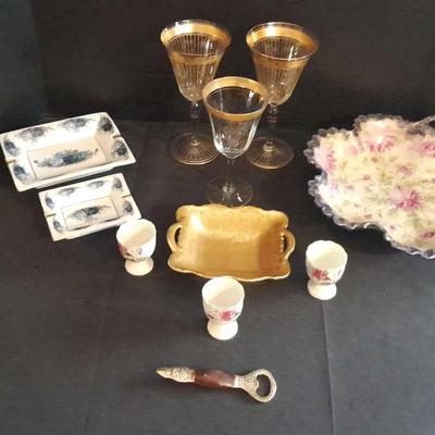 Antique Gilt Wine Glasses, Tiffin-Franciscan Rambler Rose & Gold-Accented Serving Pieces