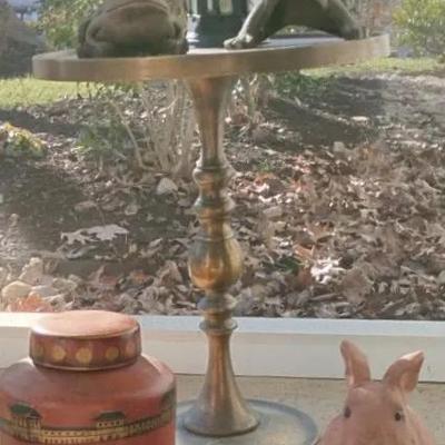 Round Brass Table With Assorted Metal And Ceramic Figures.