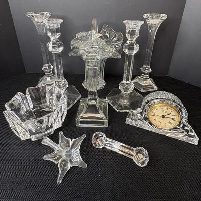 Val Saint Lambert Candlesticks, Crystal Legends Clock, Flowers, Dish & Basket 