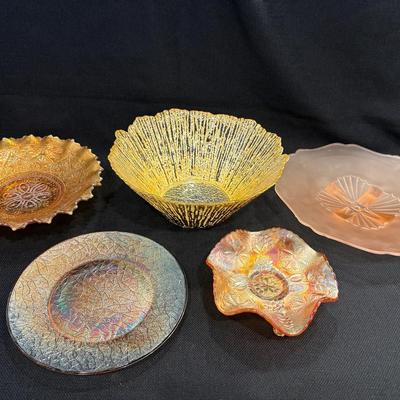 Group Of Carnival Glass, Colored Glass Bowls & Plate