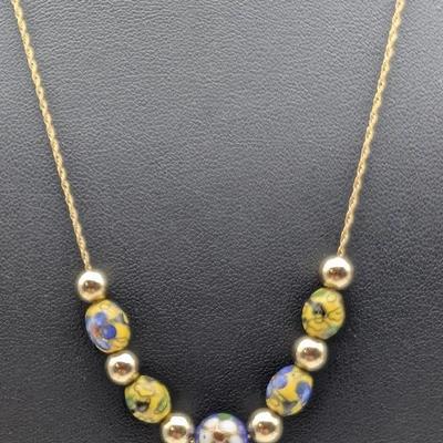 14K Gold. Gain Necklace w/ Gold & Cloisonne Beads 