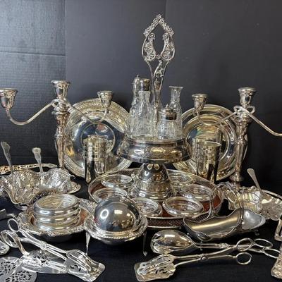 Silver Plate Candelabras, Trays, Coasters, Cruet Set 