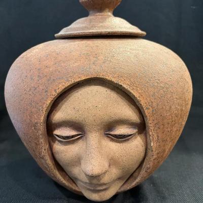 Unique Hand-Crafted Ceramic Signed Jar With Sculpted Face