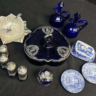 Vintage Cobalt Blue glassware, Spode miniature dishware, glass & silver lotus dish