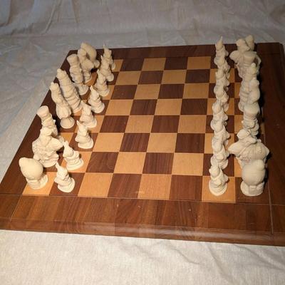 Wood Chess Board w/ Alice In Wonderland Pieces