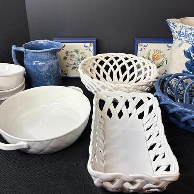 Blue & White Stoneware Woven Baskets, Bowls, Sponge Ware Pitcher