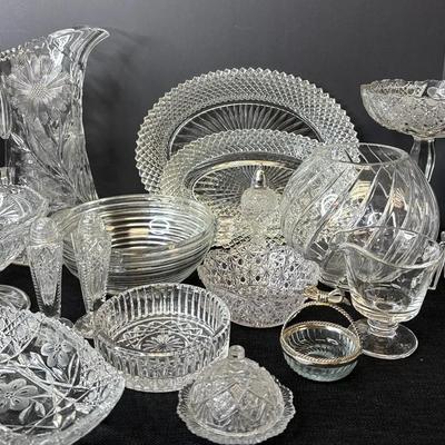 Clear Cut Glass Bowls, Platters, Pitcher, Vase & More