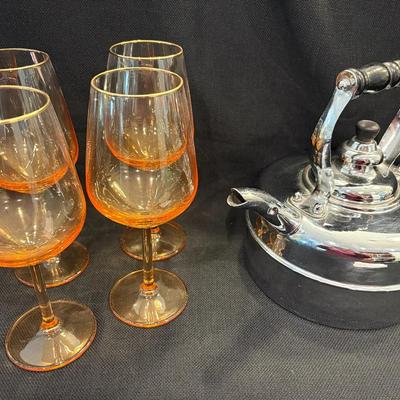 Tea Kettle & Colored Wine Glasses
