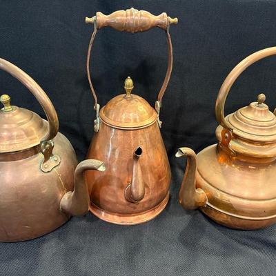 Three Copper & Brass Tea Pots