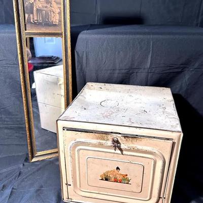 Antique Metal Breadbox & Mirror