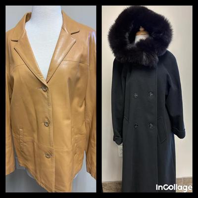 Neiman Marcus Cashmere Full Length Coat W/Fur Trimmed Hat, Remy Leather Jacket