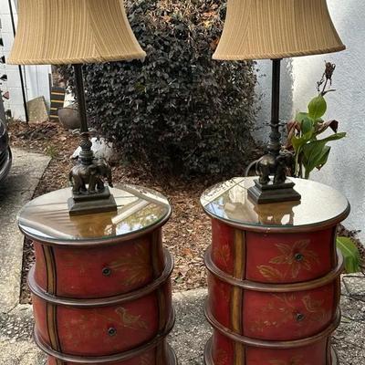 Chinoiserie-Inspired Drum Accent Tables with Elephant Table Lamps (Set of 4 Pieces)
