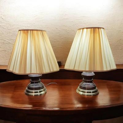 Pair of Vintage Mid-Century Turned Wood & Brass Pedestal Table Lamp – 18" Tall