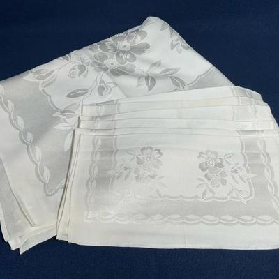Simtex Ivory Damask Floral Tablecloth With Napkins, Vintage, 7 Pcs
