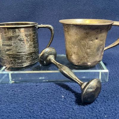 Sterling Silver Baby Cup And Rattle, Silverplate Baby Cup, 3 Pcs