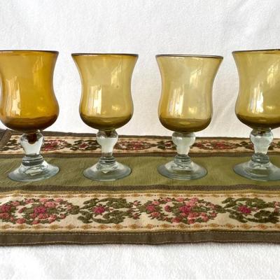 Handblown Amber Goblets With Vintage Velvet Fringe Table Runner 