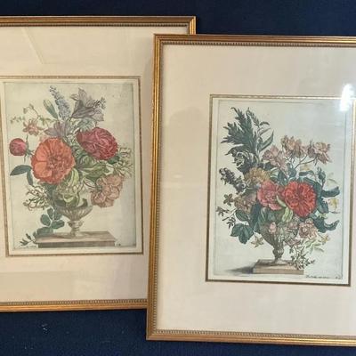 “Vase De Fleurs” By Jacques Vauquer, Color Engravings On Paper, 2 Pcs