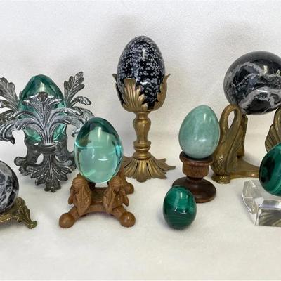 Decorative Stone, Glass Egg And Sphere Collection With Various Stands, 15pcs