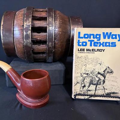 Sale Photo Thumbnail #22: “Long Way To Texas” by Lee McElroy (signed), Wagon Wheel Hub, Smoking Pipe Planter 
