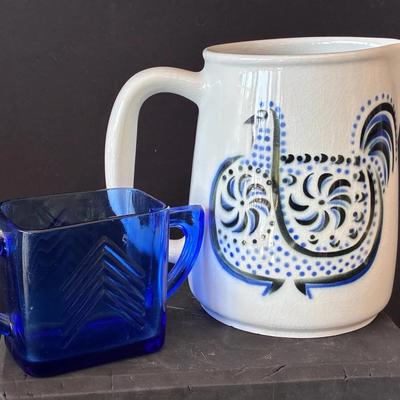 Sale Photo Thumbnail #78: Arabia Of Finland Rooster Pitcher, Cobalt Blue Depression Glass Sugar Bowl