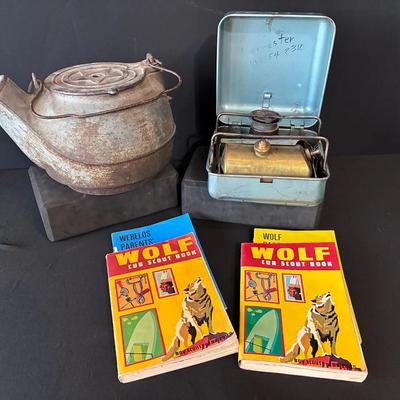 Sale Photo Thumbnail #31: Cast Iron Tea Kettle, Optimus Camp Stove, Scout Books