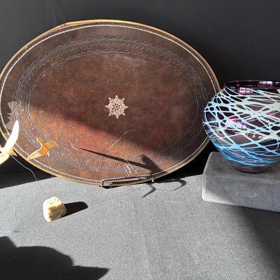 Sale Photo Thumbnail #76: Maitland Smith Leather & Brass Serving Tray, Glass Vase Signed, Marvin Wernick Kinetic Seagull Sculp