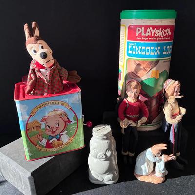 Sale Photo Thumbnail #75: Mimi Berg Norwegian Norgdukker Dolls, Lincoln Logs, Piggy Bank, Beswick Mrs. Rabbit & Peter