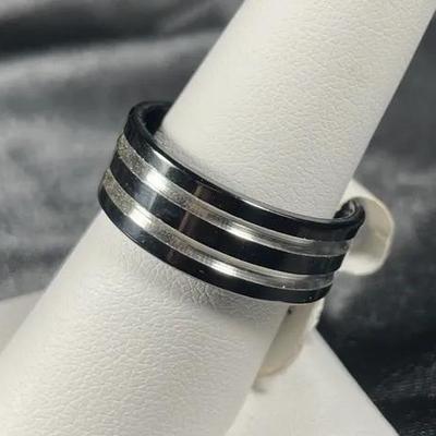 New Black With Double Steel Stripes Mens Ring