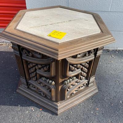 Vintage 1970s Hexagonal Faux Wood And Marble Side Table Cabinet