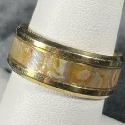 New Gold Tone And Abalone Mother Of Pearl Mens Ring