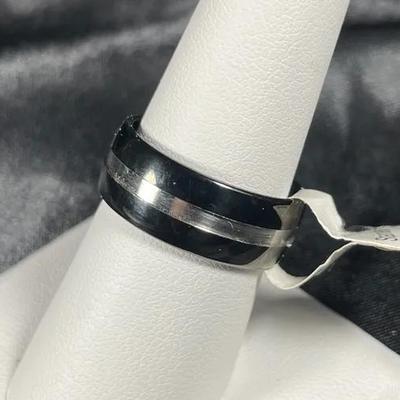 New Black With Steel Stripe Mens Ring
