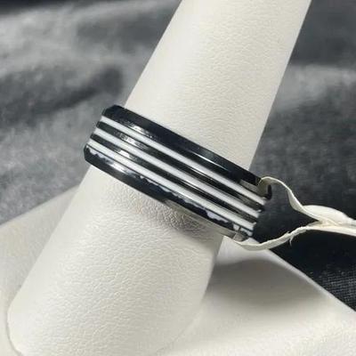 New Black And Three White Stripes Mens Ring