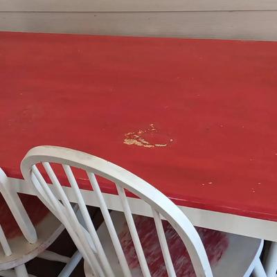 Painted Farmhouse-Style Dining Table and Windsor Chairs Set. 
