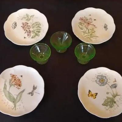 Set of Lenox Butterfly Meadow Plates w/ a Side of Depression Glass
