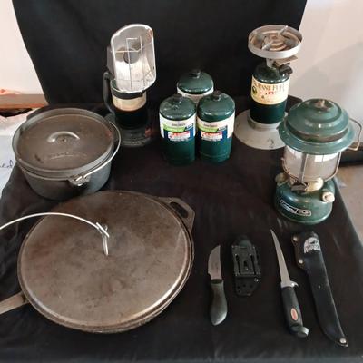 Vintage Camping Gear Including a Spyderco Bill Moran Fixed Blade Knife