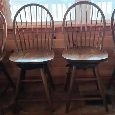 Set of (4) Wooden Windsor-Style Swivel Bar Stools