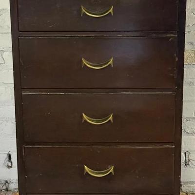 Vintage Small 4-Drawer Dresser w/ Dark Brown Stain & Deco Brass ‘Smile’ Pulls
