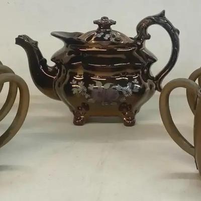 Brass Miller Cups & Painted Pitcher 