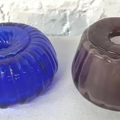 Hand Blown Cobalt Blue Signed Ink Well And Amethyst Ink Well