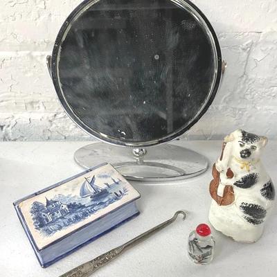 Antique Staffordshire Porcelain Cat With Collectible Delft Style Box And  Vanity Mirror