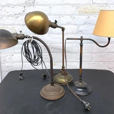 Three Antique Brass And Iron Desk Lamps