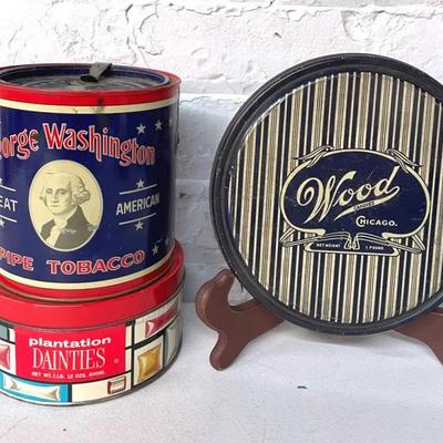 Antique George Washington Cut Plug Tin With Antique Candy Tins 