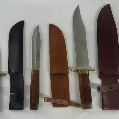 Vintage Fixed Blade Knives & Leather Sheaths (3) w/ J. Nowill & Sons Bowie Knife