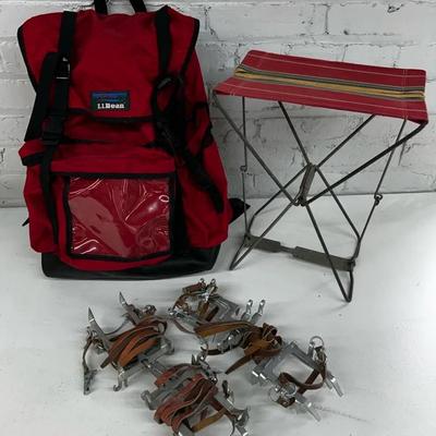 Vintage Crampons, Folding Camping Chair & LL Bean Hiking Bag